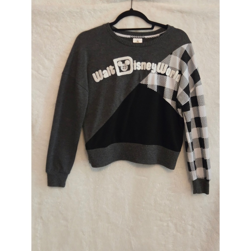 Walt Disney World Womens Small Plaid Mixed Media Tulip Back Sweater Grey Black